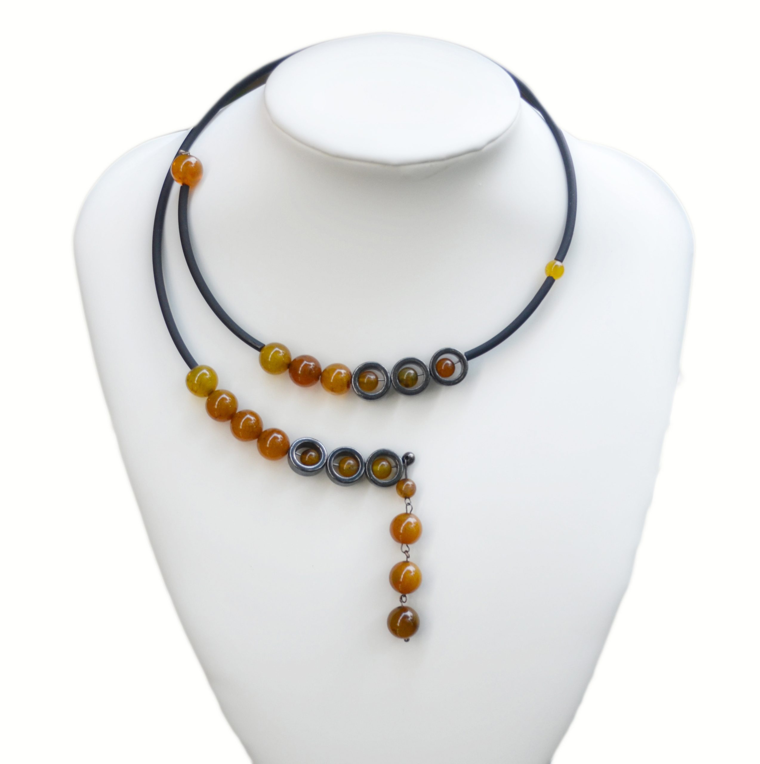Choker with Amber Color Agate and Hematite Rings
